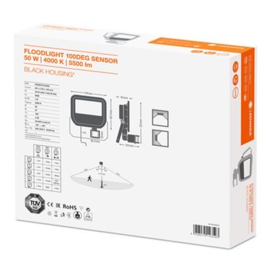 Прожектор LED 50W/4000K с датчиком движения и освещенности BLACK Черный 5000Lm IP65 . Гара 4058075143593 EUROLED